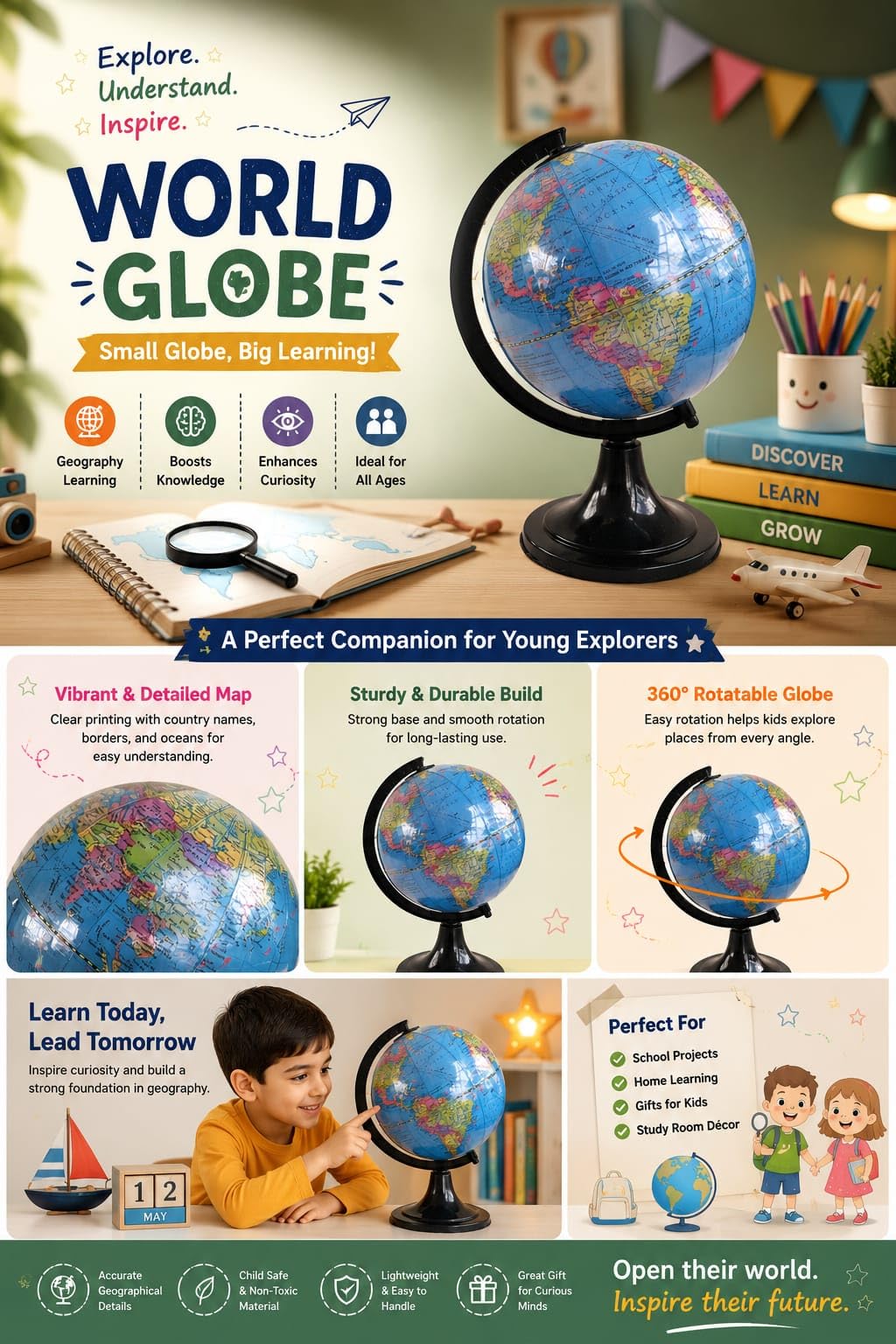 globeポスターセット Globe with Plastic Stand for Learning, 17cm Height | 360 Degree